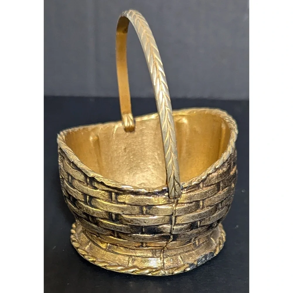 Vintage Solid Brass Woven Basket With Braided Handle Original Felt Bottom 3.75